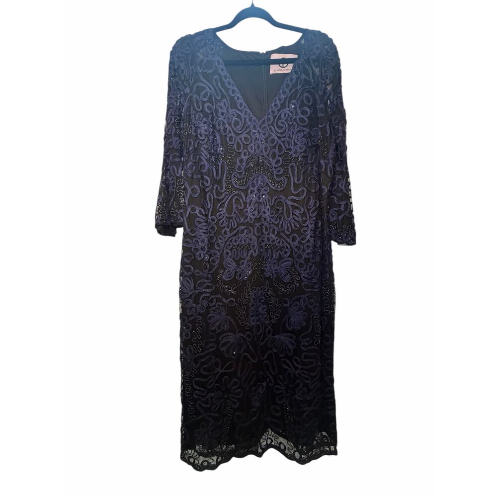 JS Collections Navy Embroidery Beaded Dress - Size 16W - Picture 2 of 16